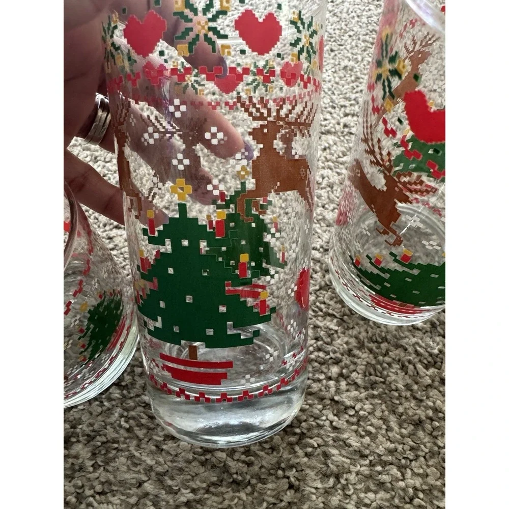 Vintage CHD 1984 Cross Stitch Christmas Tumbler Glass With Trees Reindeer Hearts